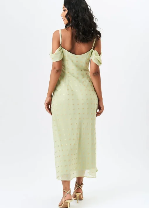Gini London Sage Green Cowl Neck Drop Sleeves Foil Maxi Dress