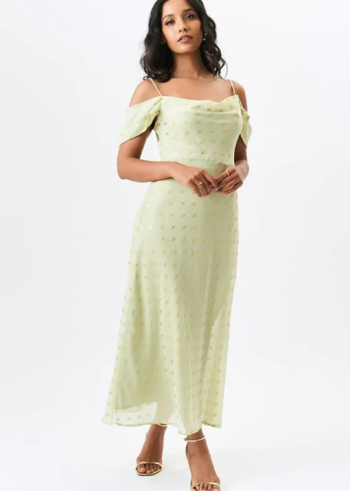 Gini London Sage Green Cowl Neck Drop Sleeves Foil Maxi Dress