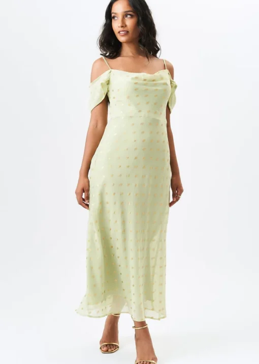 Gini London Sage Green Cowl Neck Drop Sleeves Foil Maxi Dress