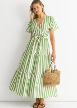 Gini London Sage Green Stripe Wrap Belted Midi Dress