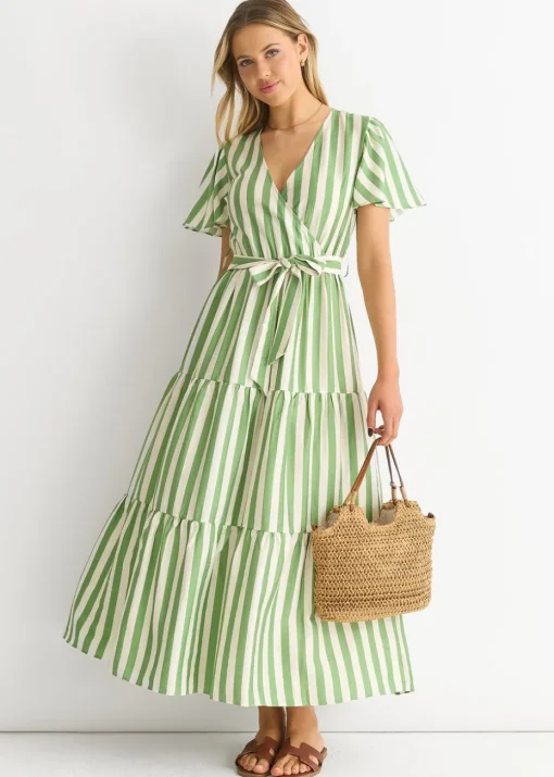 Gini London Sage Green Stripe Wrap Belted Midi Dress