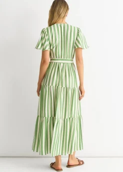 Gini London Sage Green Stripe Wrap Belted Midi Dress