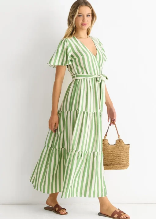 Gini London Sage Green Stripe Wrap Belted Midi Dress