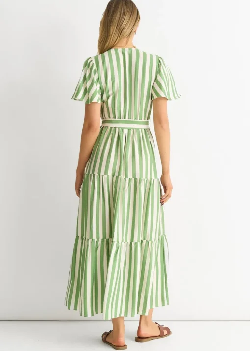 Gini London Sage Green Stripe Wrap Belted Midi Dress