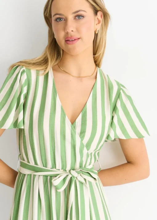 Gini London Sage Green Stripe Wrap Belted Midi Dress