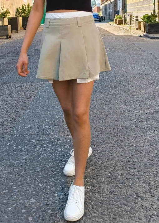 Gini London Sage Green Tall Woven Pocket Detail Pleated Skort