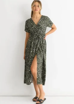 Gini London Short Sleeve Animal Print Wrap Front Midi Dress
