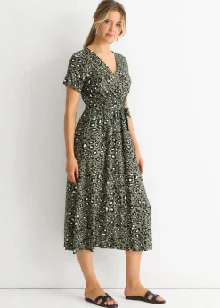 Gini London Short Sleeve Animal Print Wrap Front Midi Dress