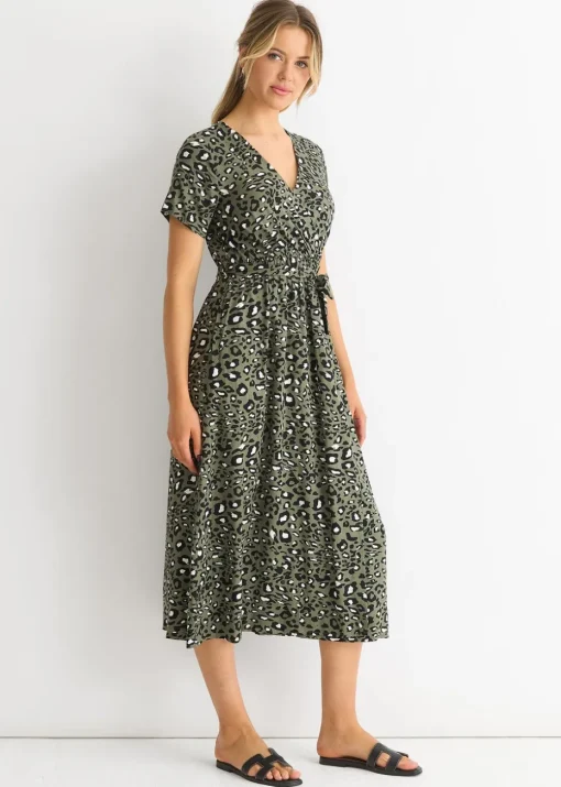 Gini London Short Sleeve Animal Print Wrap Front Midi Dress