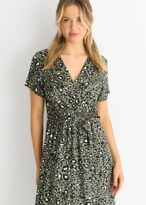 Gini London Short Sleeve Animal Print Wrap Front Midi Dress