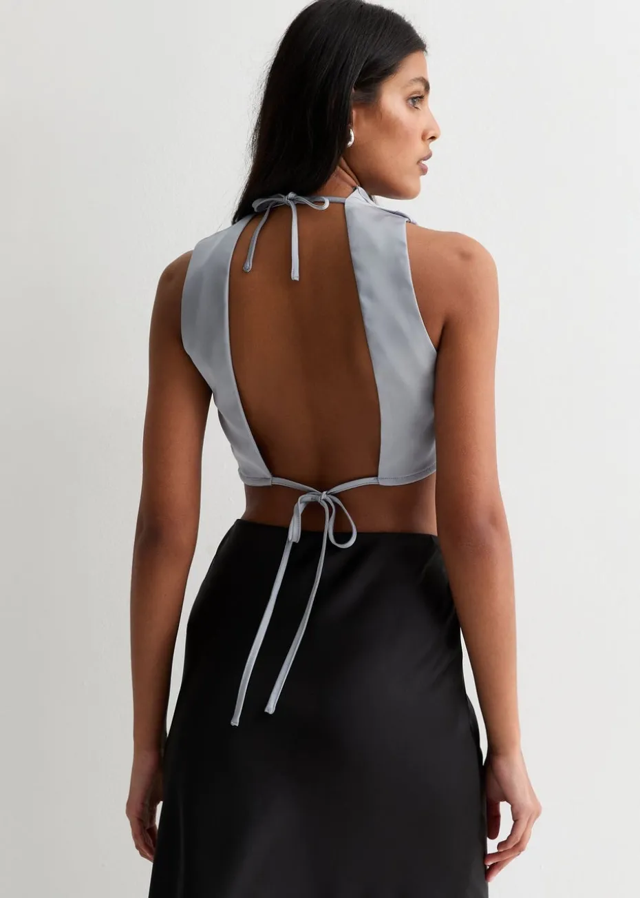 Gini London Silver High Neck Sleeveless Satin Top
