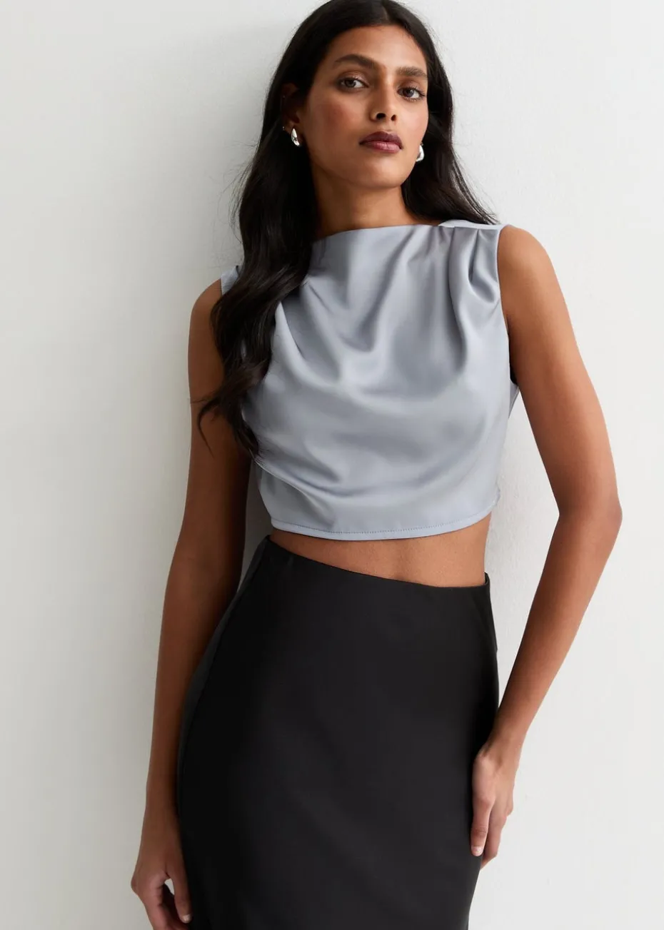 Gini London Silver High Neck Sleeveless Satin Top