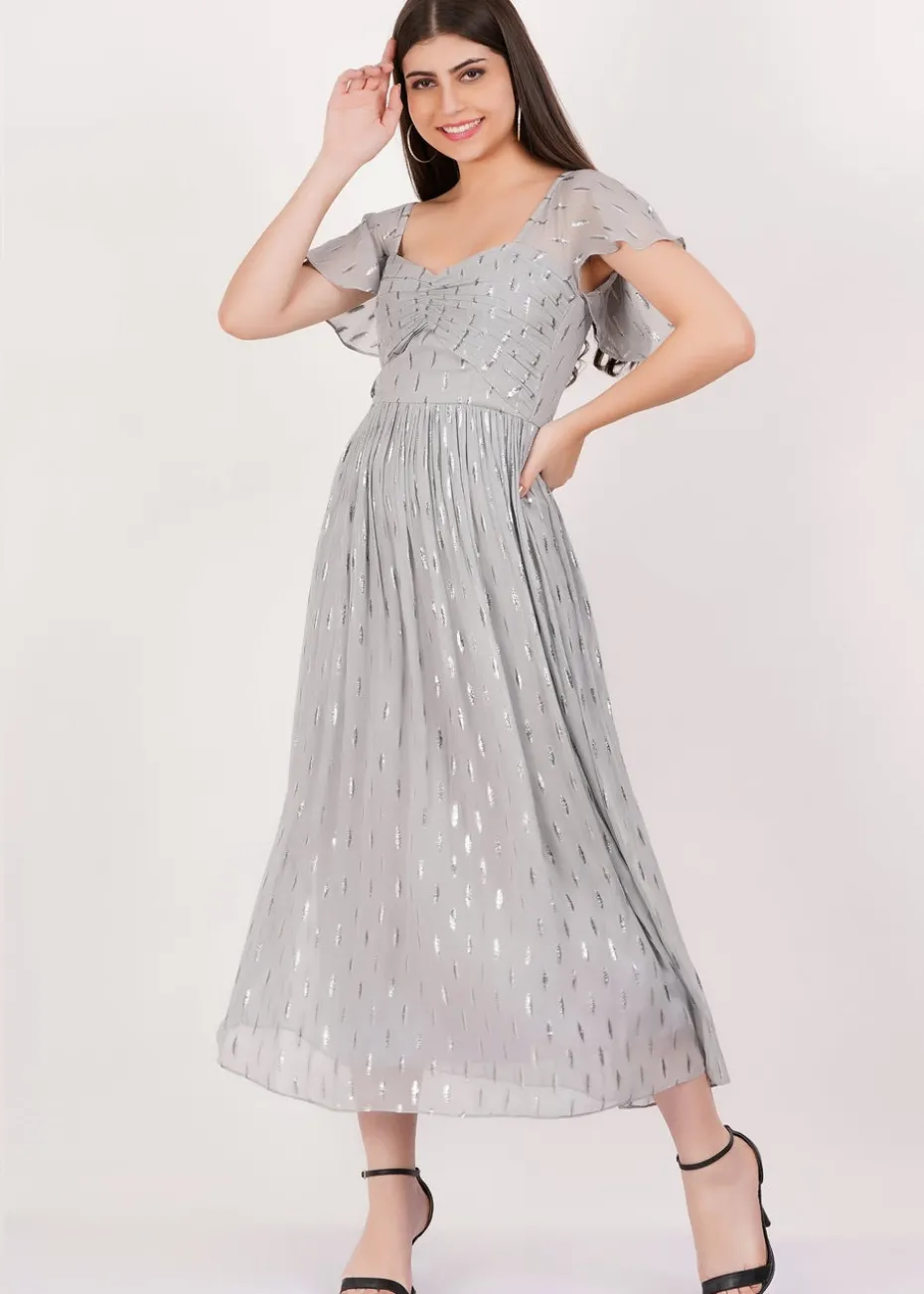 Gini London Silver Jacquard Metallic Angel Sleeves Midi Dress