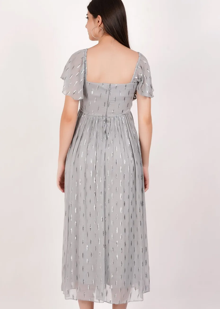 Gini London Silver Jacquard Metallic Angel Sleeves Midi Dress
