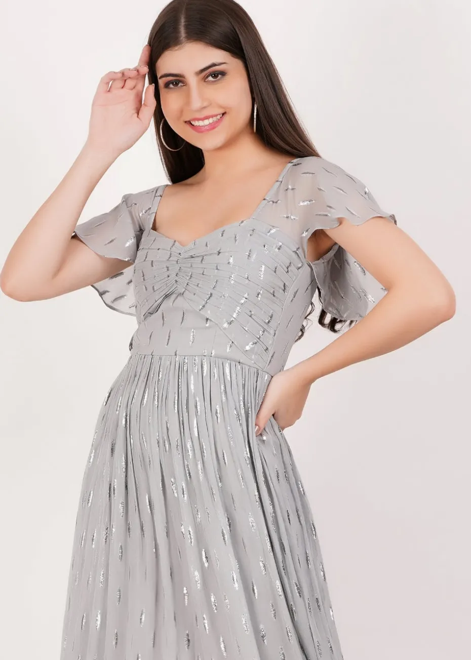 Gini London Silver Jacquard Metallic Angel Sleeves Midi Dress