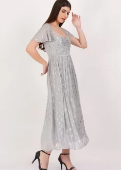 Gini London Silver Jacquard Metallic Angel Sleeves Midi Dress