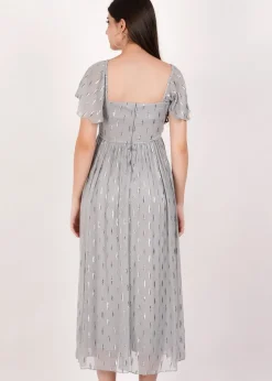 Gini London Silver Jacquard Metallic Angel Sleeves Midi Dress