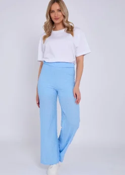 Gini London Sky Blue Textured Elasticated Waist Flared Trousers