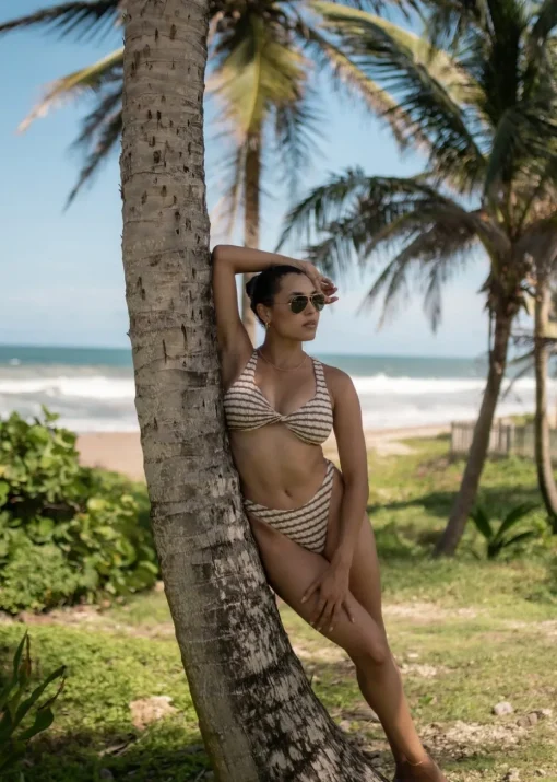 Gini London Tan Textured Twisted Stripe Bikini Top
