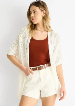 Gini London White Crochet Knit Edge to Edge Cardigan