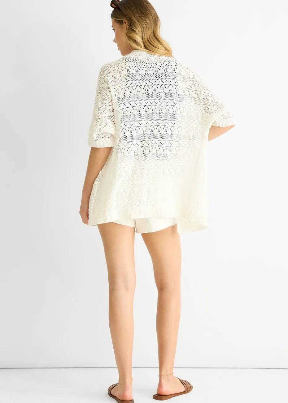 Gini London White Crochet Knit Edge to Edge Cardigan