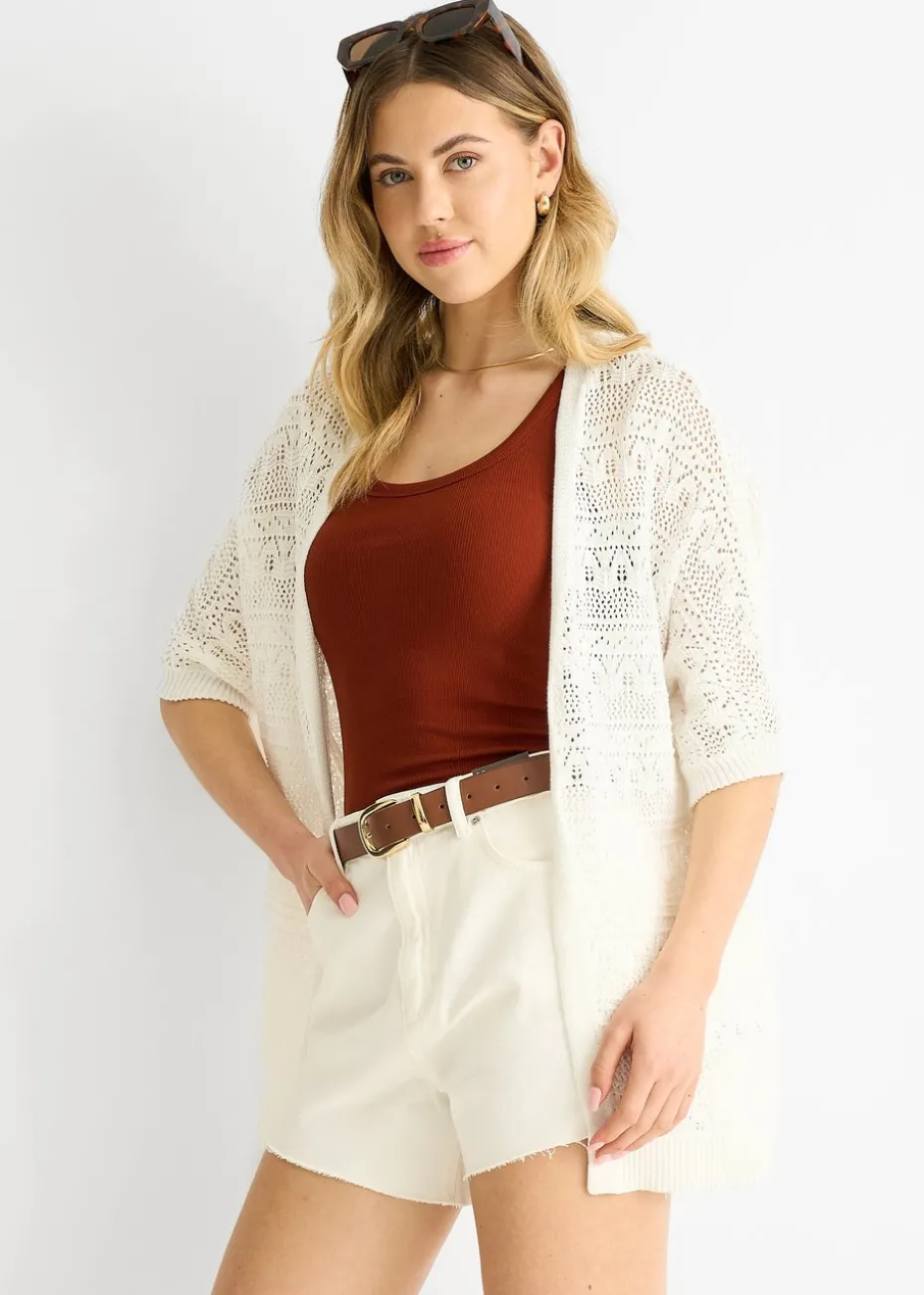 Gini London White Crochet Knit Edge to Edge Cardigan