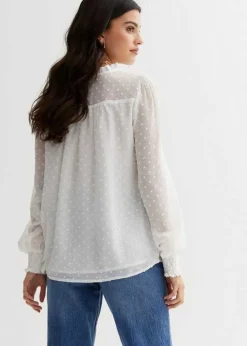 Gini London White Dobby Chiffon Frill Neck Blouse