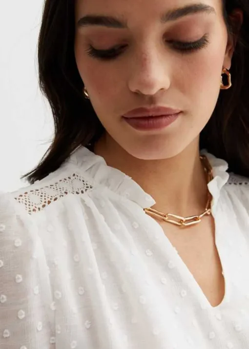 Gini London White Dobby Chiffon Frill Neck Blouse