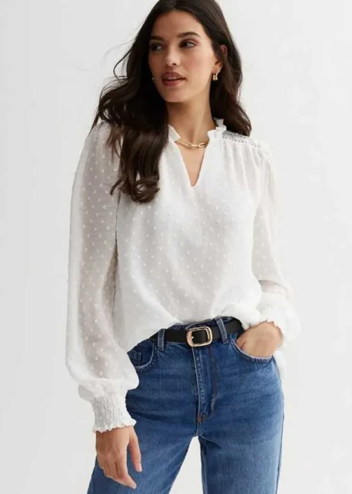 Gini London White Dobby Chiffon Frill Neck Blouse