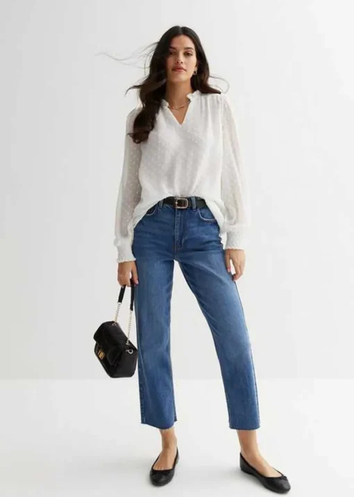 Gini London White Dobby Chiffon Frill Neck Blouse