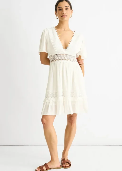 Gini London White Lace Trim Viscose Mini Skater Dress