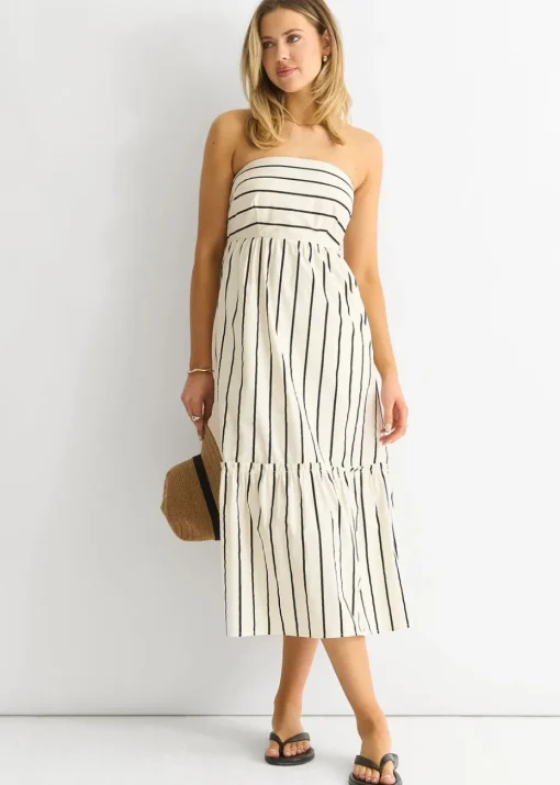 Gini London White Stripe Cotton Bardot Smock Midi Dress