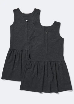 Girls 2 Pack Grey Zip Front Jersey Pinafores (2-9yrs)
