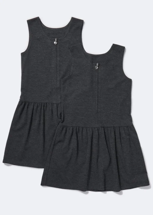 Girls 2 Pack Grey Zip Front Jersey Pinafores (2-9yrs)