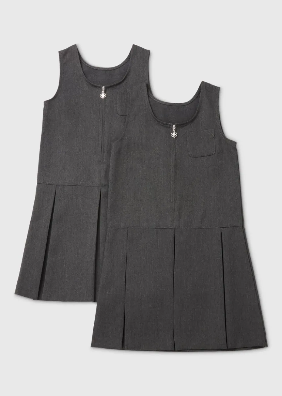 Girls 2 Pack Grey Zip Up Pleated School Pinafores (3-9yrs)