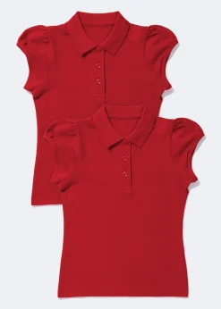Girls 2 Pack Red Scallop Collar School Polo Shirts (3-13yrs)