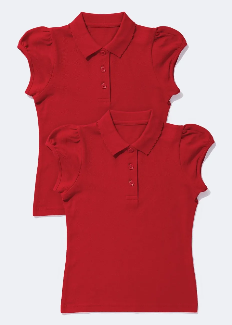 Girls 2 Pack Red Scallop Collar School Polo Shirts (3-13yrs)