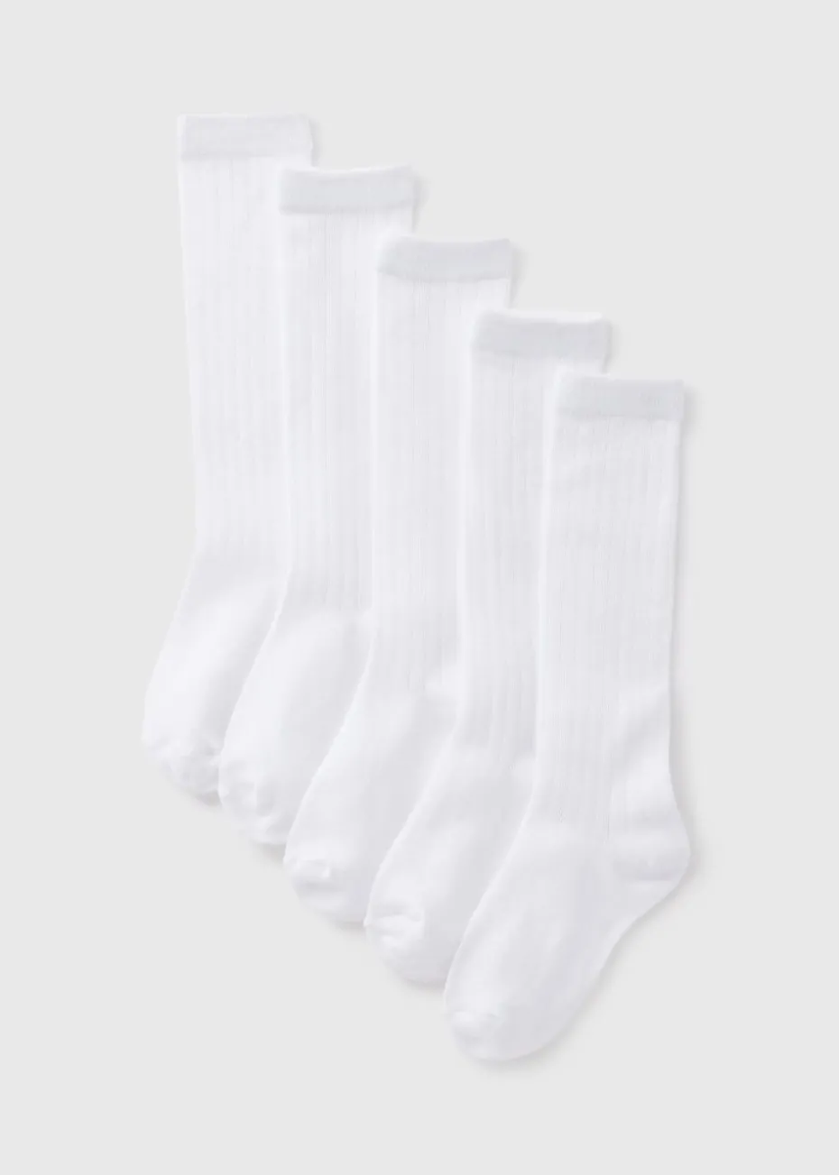 Girls 5 Pack White Knee High Ribbed Socks (Younger 6 - Older 6.5)