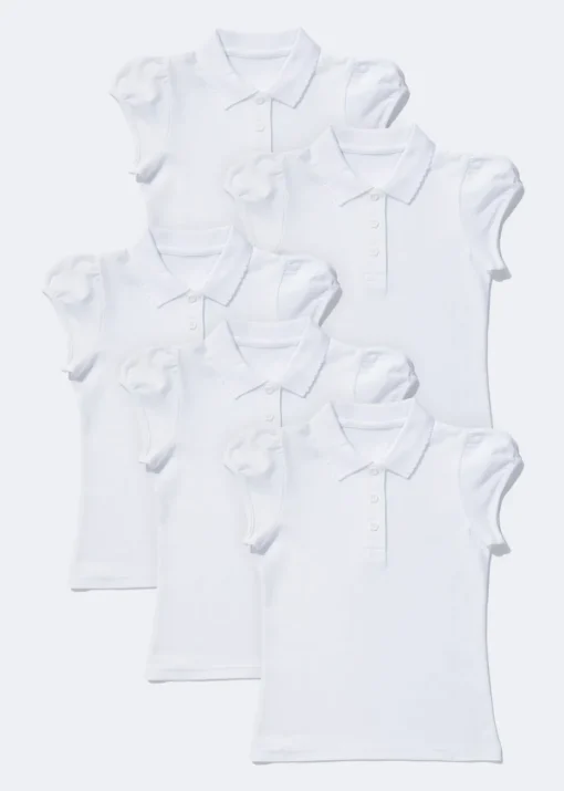 Girls 5 Pack White Scallop Collar School Polo Shirts (3-13yrs)