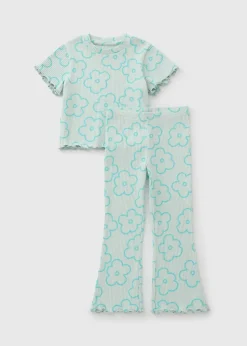 Girls Aqua Floral Top & Flares Set (1-7yrs)