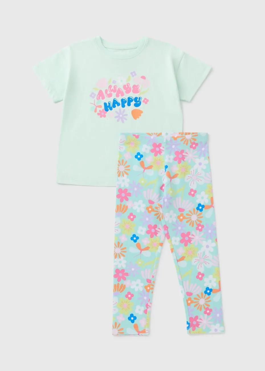 Girls Aqua Floral Top & Leggings Set (1-7yrs)