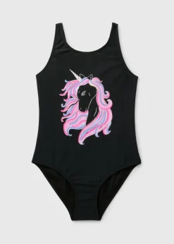Girls Black Unicorn Swimsuit (6-13yrs)