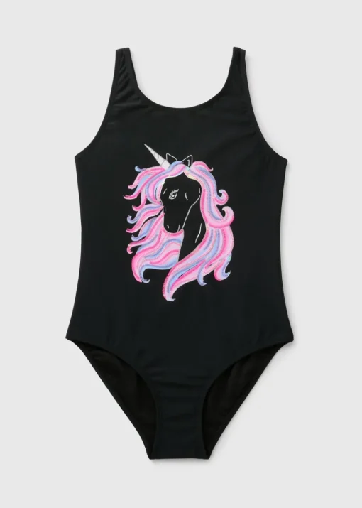 Girls Black Unicorn Swimsuit (6-13yrs)