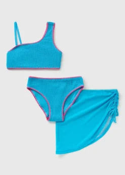 Girls Blue 3 Piece Bikini & Cover Up (6-15yrs)