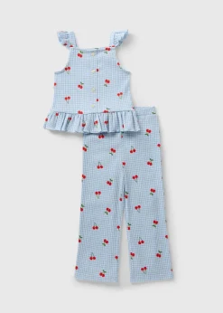 Girls Blue Crinkle Cherry Top & Trousers Set (1-7yrs)