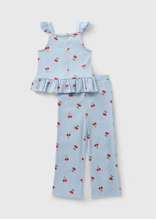 Girls Blue Crinkle Cherry Top & Trousers Set (1-7yrs)