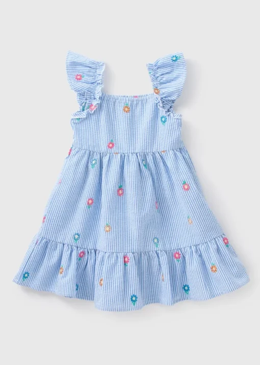 Girls Blue Daisy Embroidered Seersucker Dress (1-7yrs)