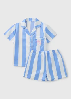 Girls Blue Stripe Satin Pyjama Set (4-12yrs)