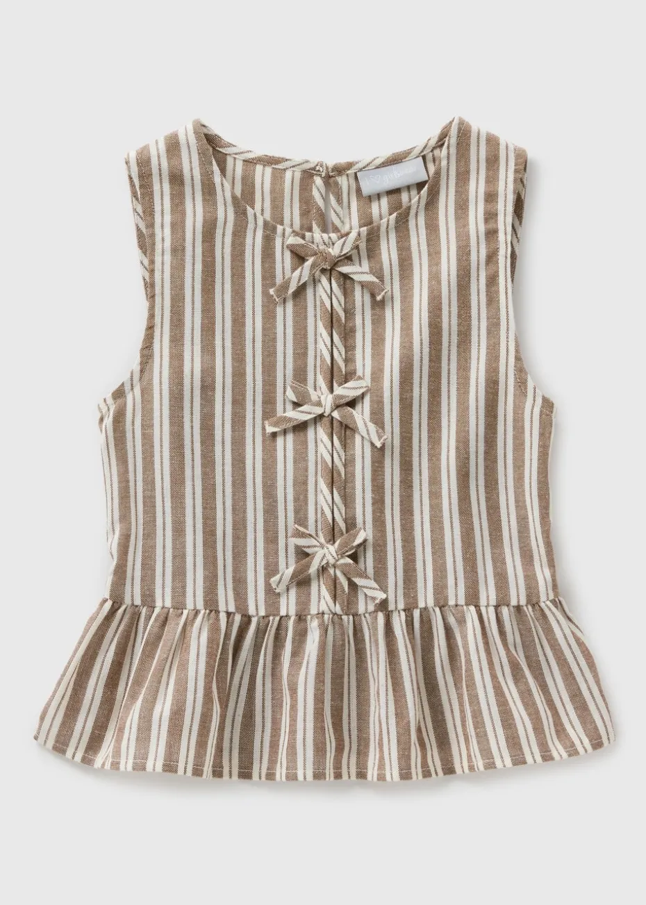 Girls Brown Stripe Tie Front Top (7-15yrs)