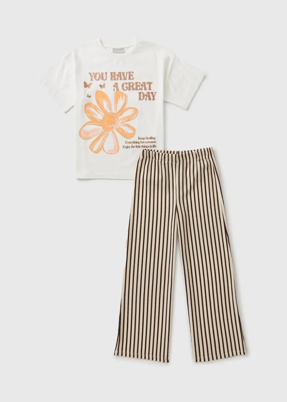Girls Brown Striped Flower Print Top & Trousers Set (7-15yrs)